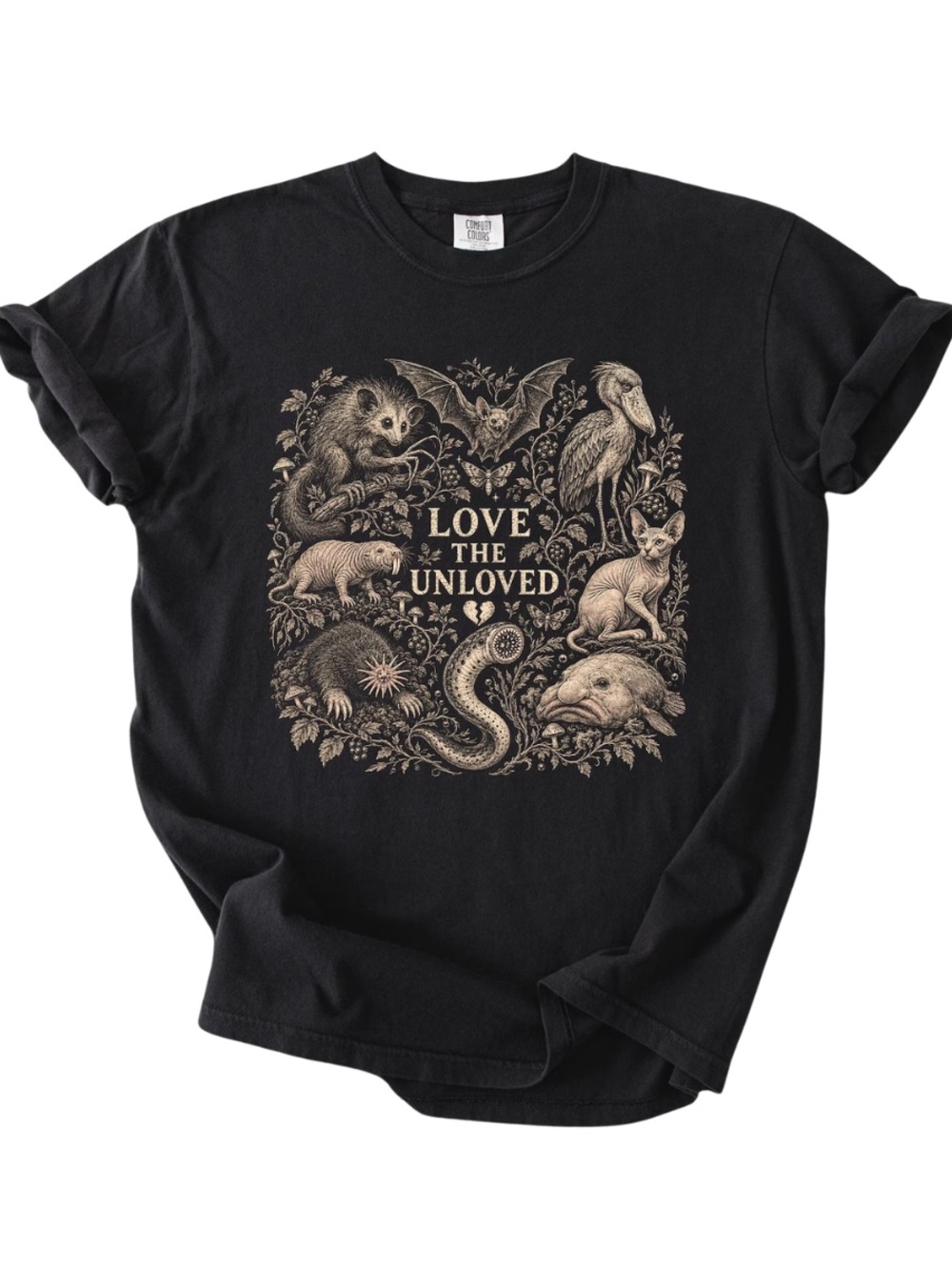 Comfort Colors Black Love The Unloved Graphic Tee with Cream Nature Print - Picture 2 of 3